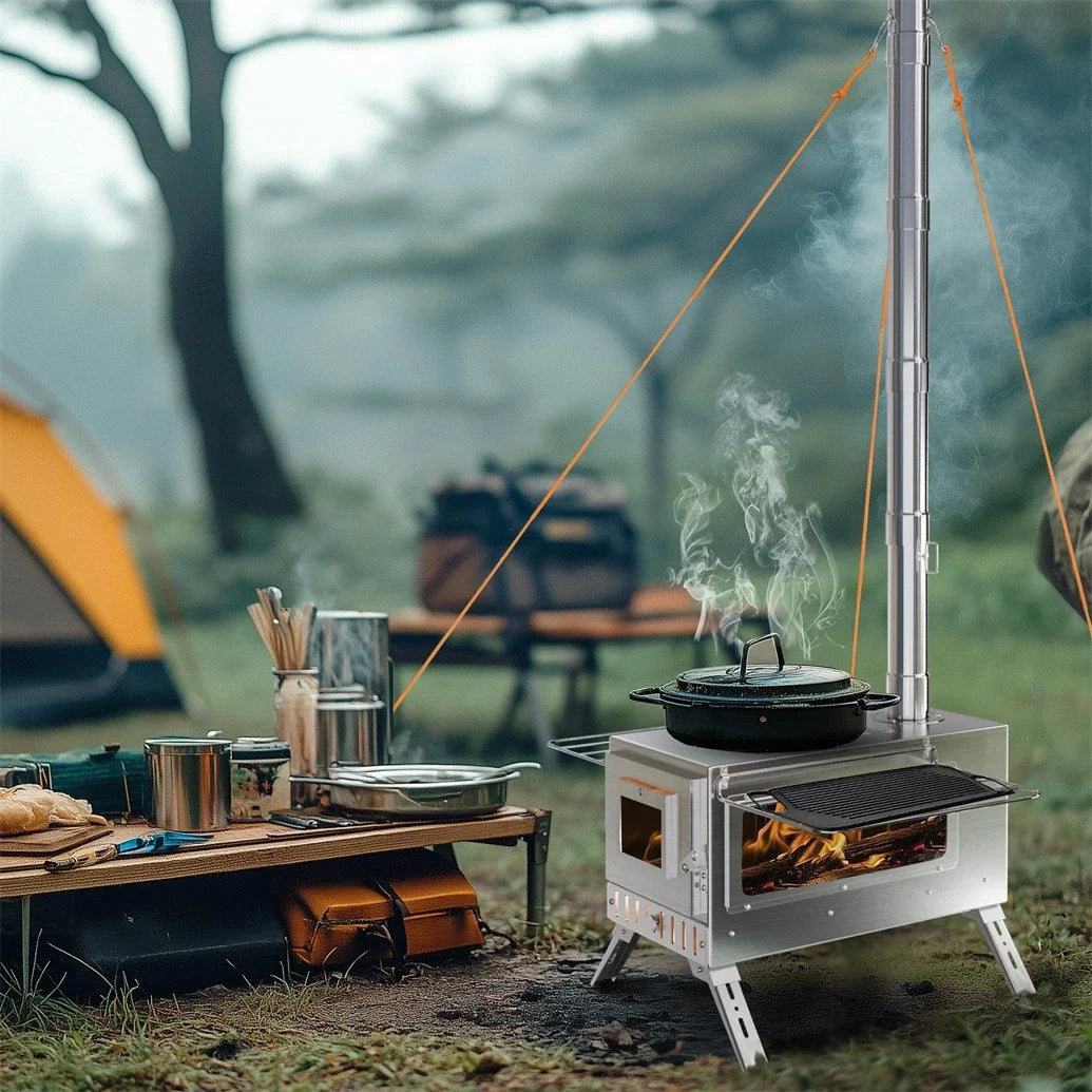 Portable Wood Burning Stove With Six Stainless Chimney Pipes For Outdoor Heating