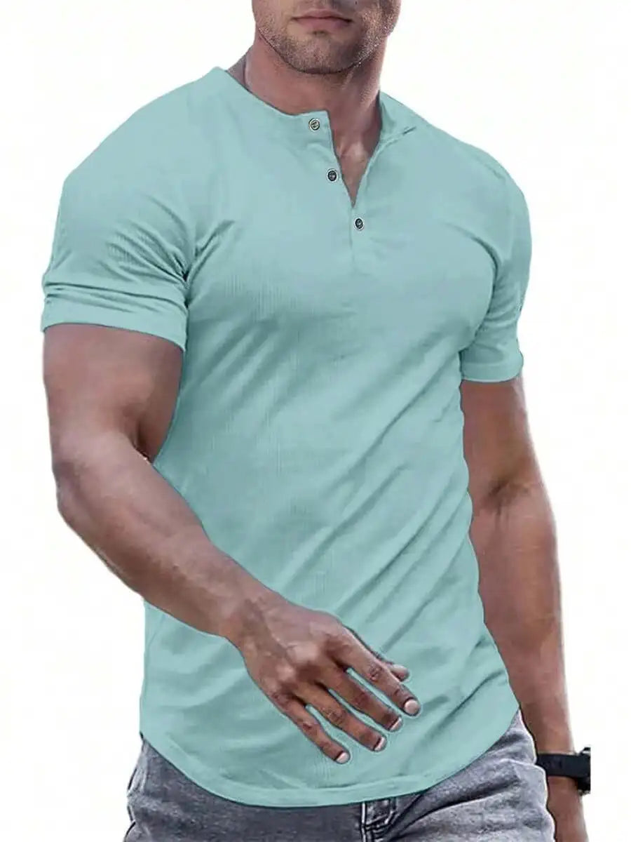 Slim Fit Henley Shirt For Men Round Neck Button Casual