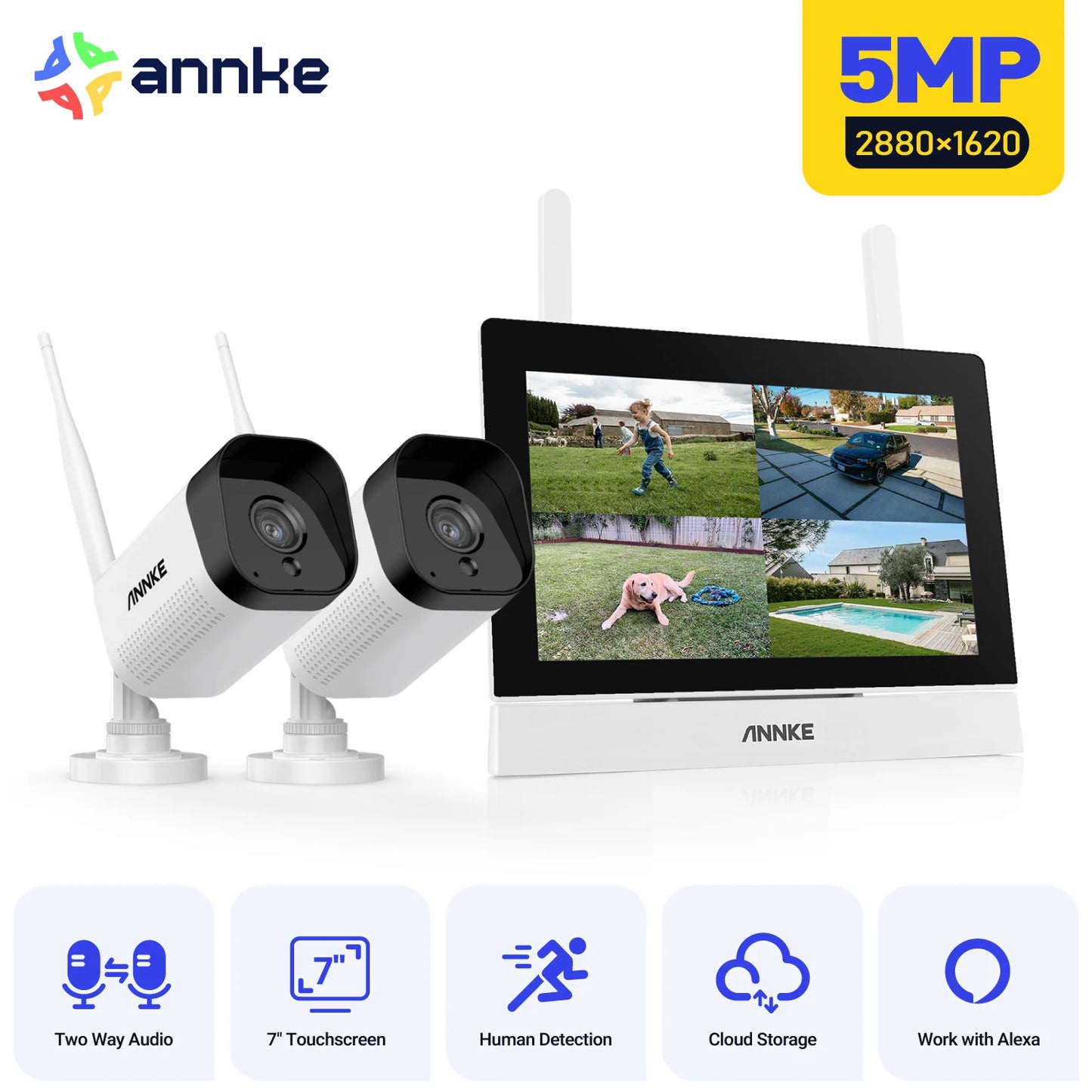 Annke 3MP 5MP Wireless CCTV System 4CH NVR Outdoor wifi camera 7-inch touch screen Two Way Audio 2/4Pcs Wifi security camera