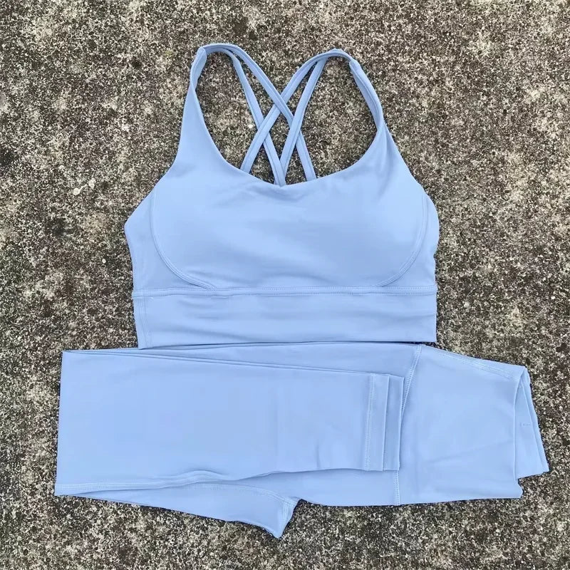 Women Nylon Elastane Yoga Set Two Piece High Waist Leggings Bra Breathable