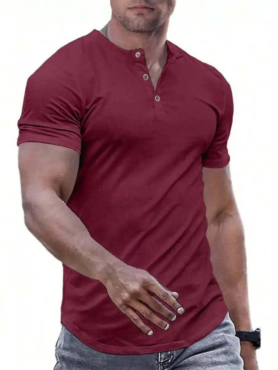 Slim Fit Henley Shirt For Men Round Neck Button Casual