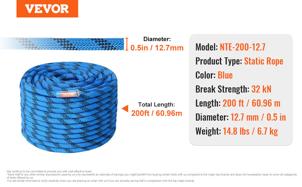 VEVOR Static Climbing Rope With 32 kN Breaking Strength