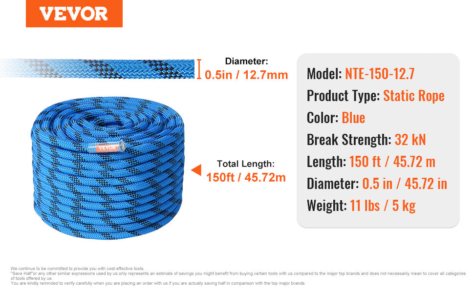 VEVOR Static Climbing Rope With 32 kN Breaking Strength