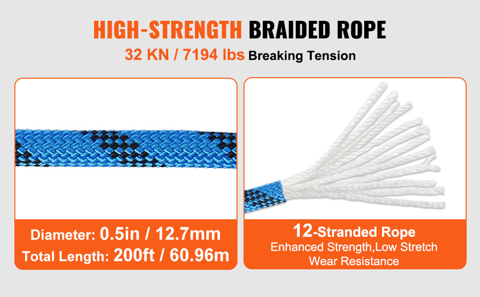VEVOR Static Climbing Rope With 32 kN Breaking Strength